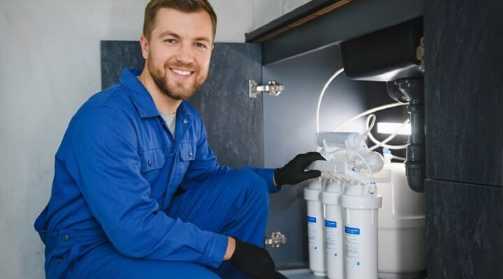 Technician installing a water softener system in a Tampa Bay home to protect plumbing from hard water damage.