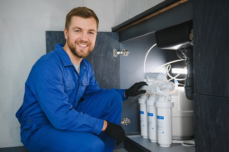 Technician installing a water softener system in a Tampa Bay home to protect plumbing from hard water damage.