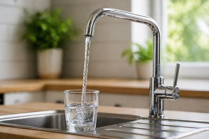 Homeowner holding a glass of cloudy tap water in a Tampa, FL kitchen to inspect milky water caused by air bubbles or hard water minerals.